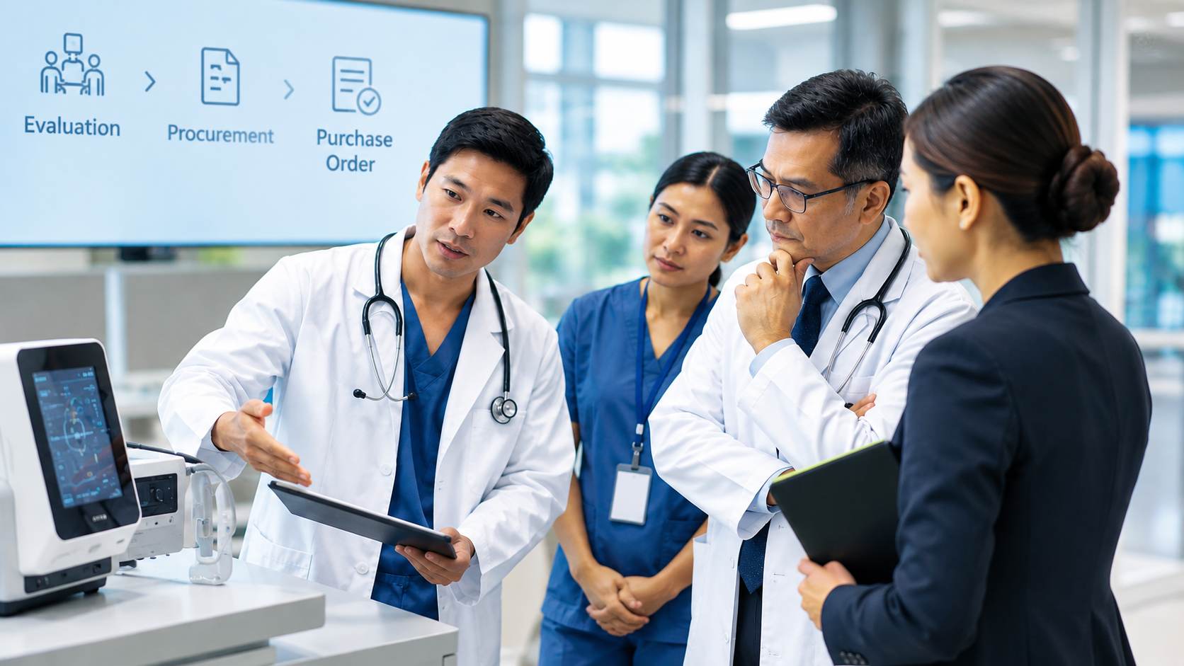 Hospital procurement discussion following a MedTech product demonstration in an Asia-Pacific healthcare setting.